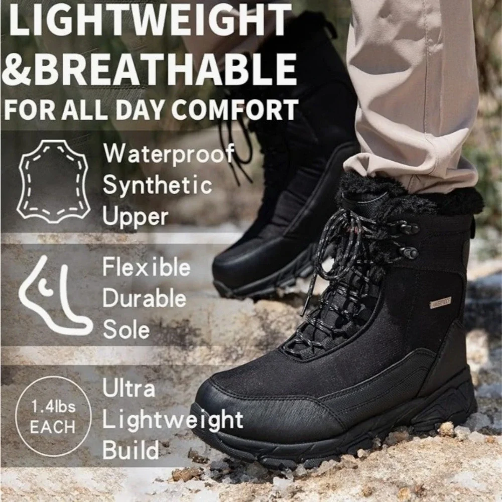 Shulook Mens Waterproof Snow Boots Black Faux Fur Lined Insulated Winter‎  9.5